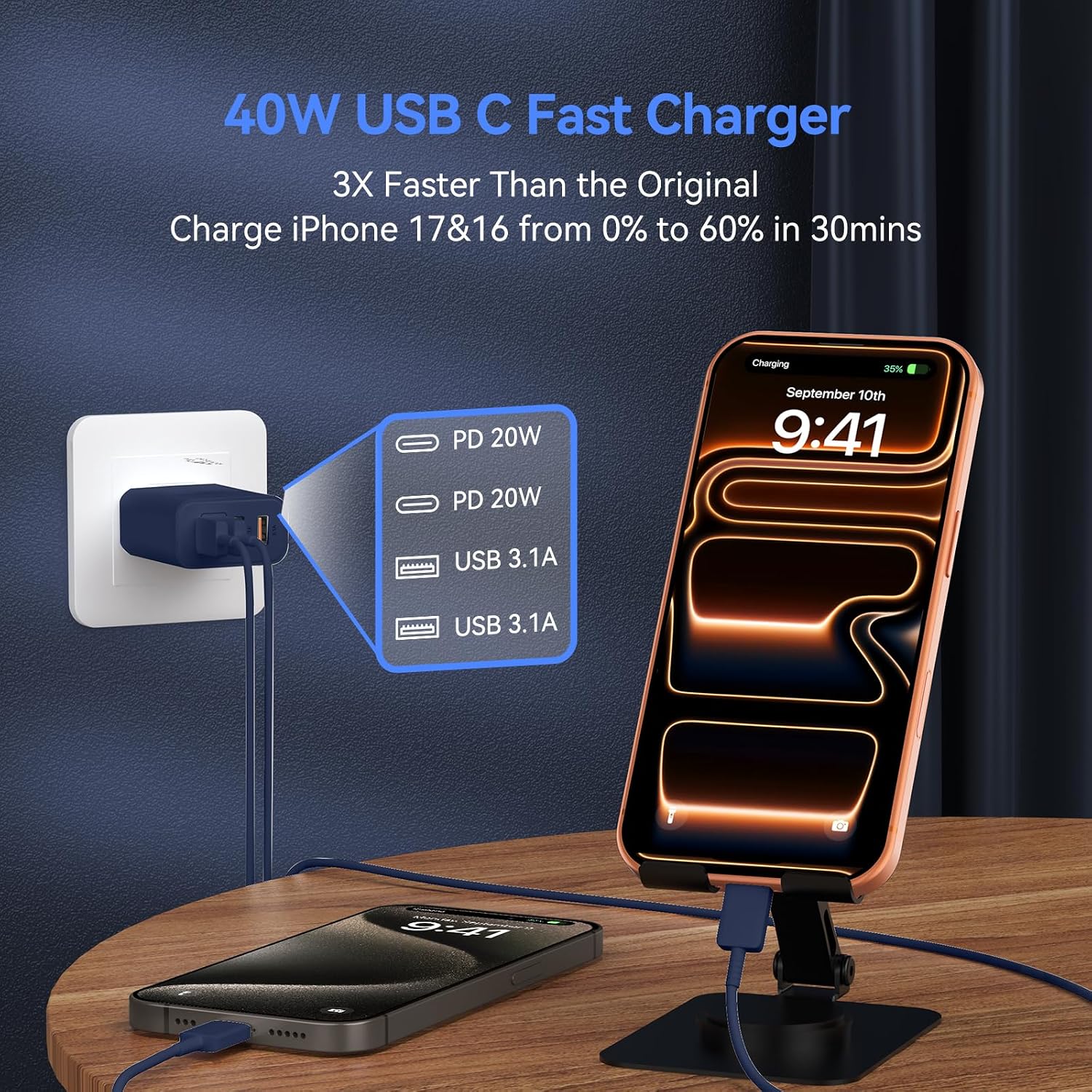 Detalle 2 de USB C Wall Fast Charger Block, 40W 4-Port USB-C & USB-A Fast Charger