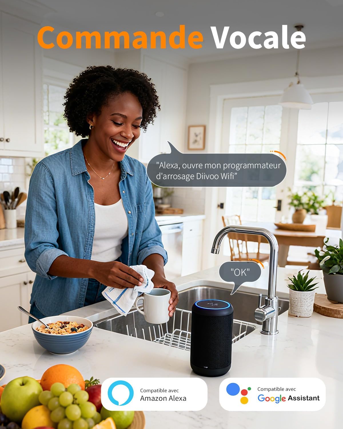 Detalle de Diivoo Programmateur d’arrosage WiFi 4 voies avec entrée laiton et commande vocale (Alexa/Google Assistant)