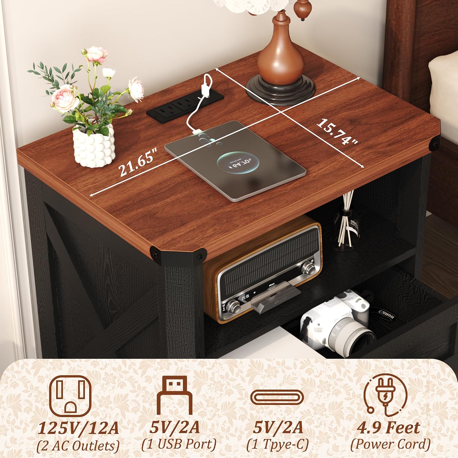 Detalle 2 de Yusong Nightstands Antique Black Farmhouse Nightstand with Charging Station