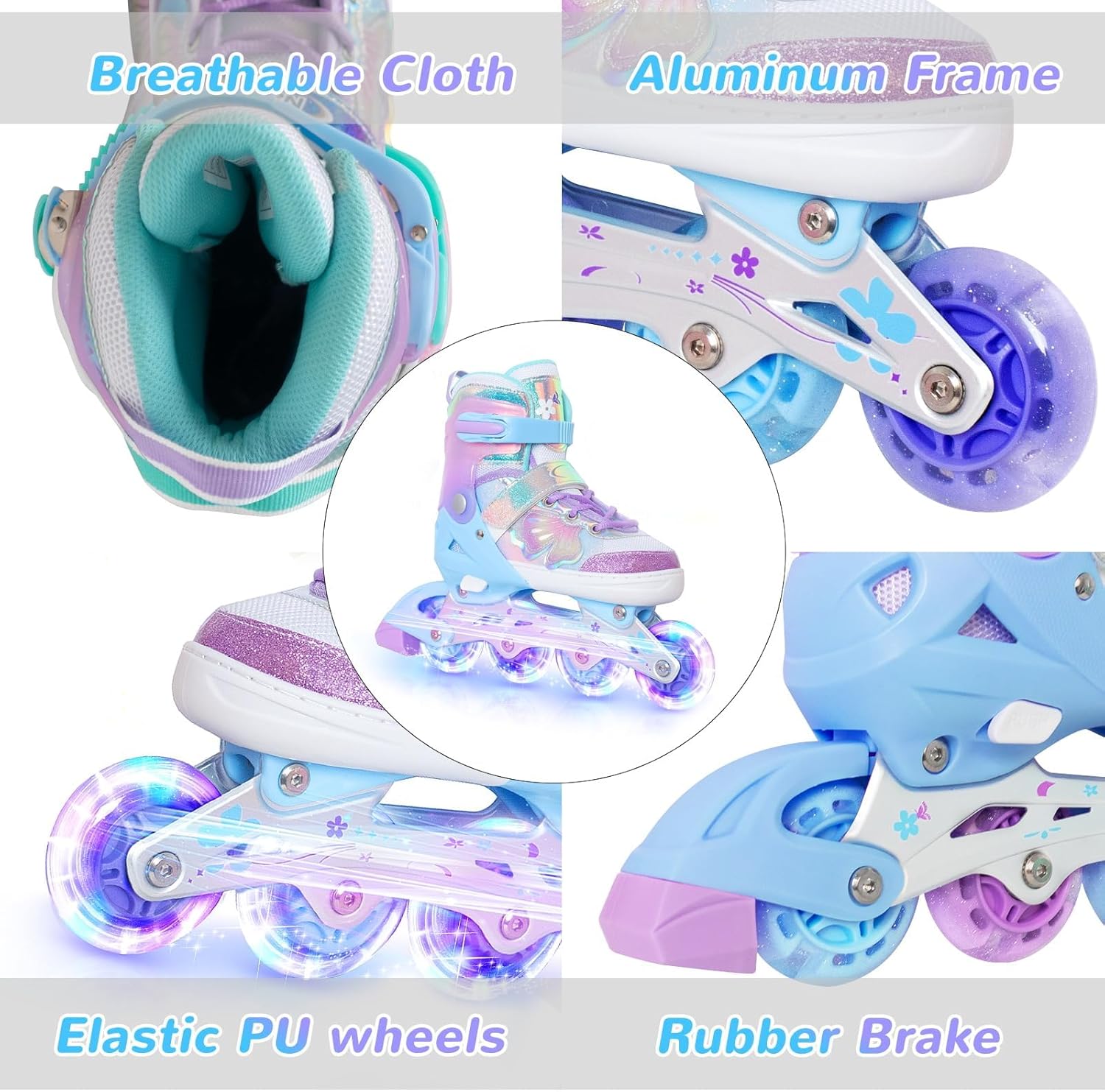Thumbnail 2 de Nattork Kids Inline Skates: 4-Size Adjustable Butterfly Design with Light-Up Wheels
