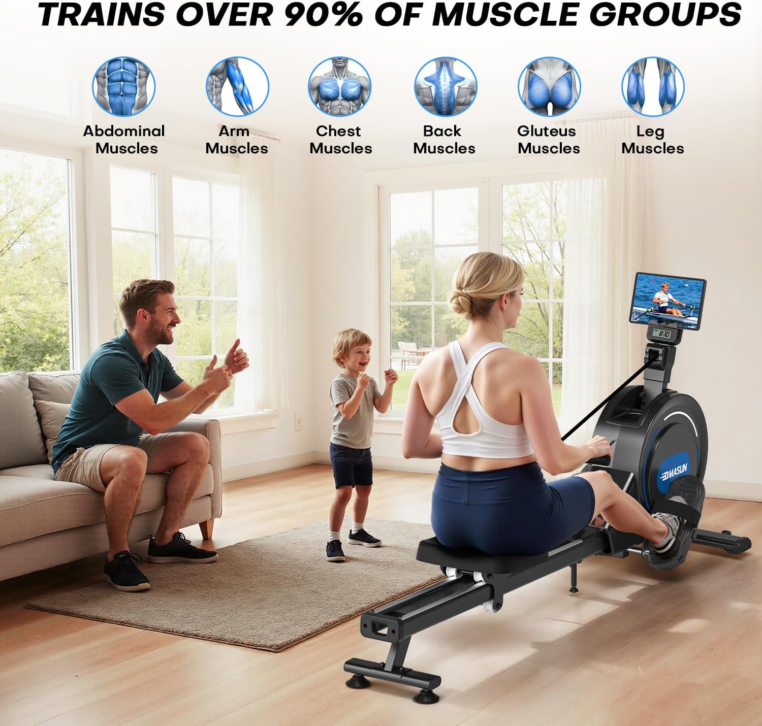 Detalle 2 de DMASUN upgrade magnetic rowing machine for home gym with 16/32 resistance levels, app compatibility and 350 lb capacity