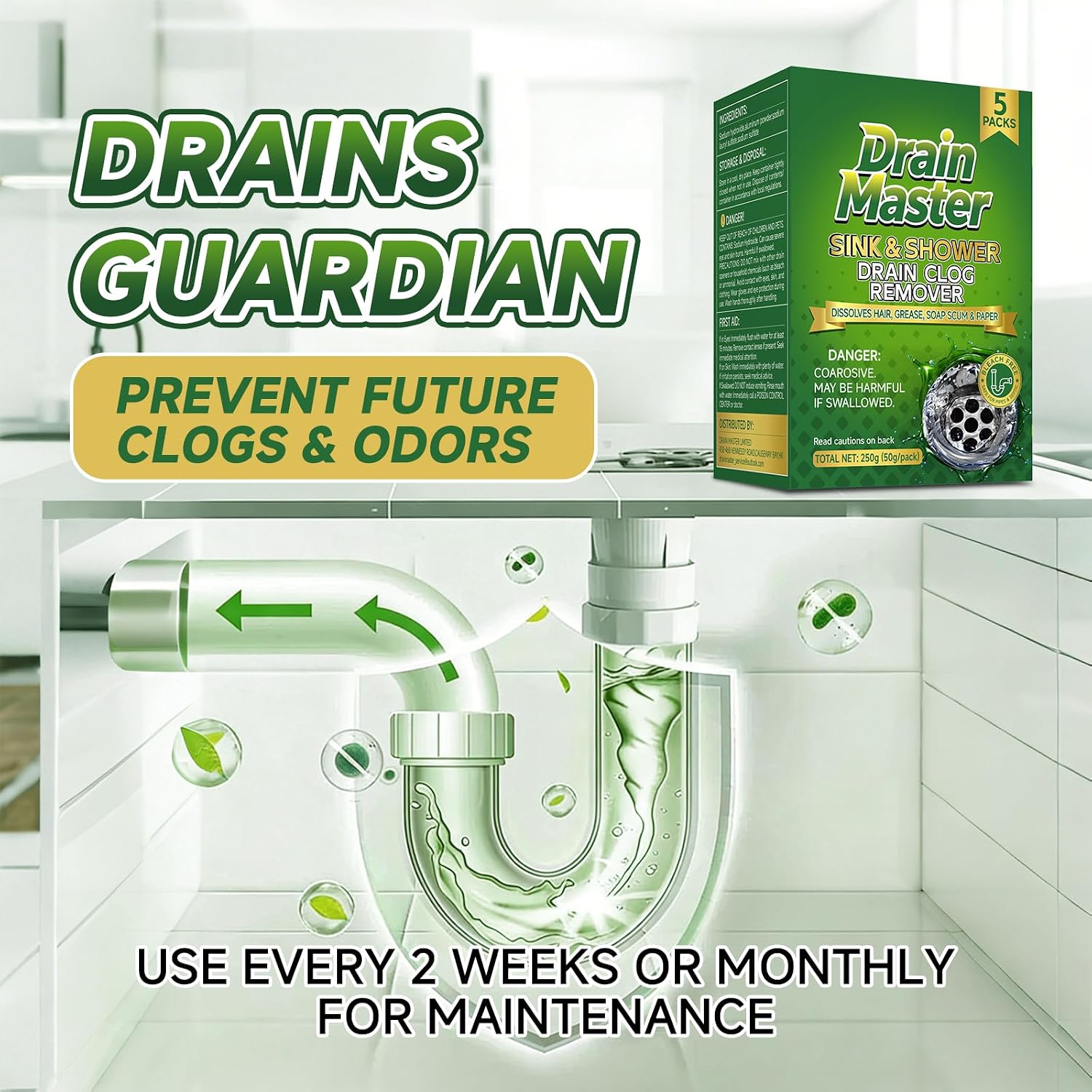 Detalle 2 de Drain Master Drain Cleaner Powder, 5 Pre-Measured Packets for Sinks and Showers