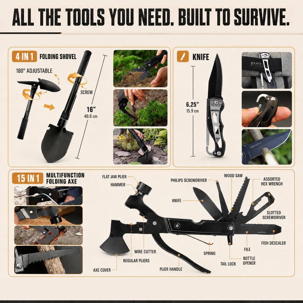 Detalle de HIHEGD HHG-BIGQSGJ 250-Piece Survival Kit with MOLLE-Compatible Bag
