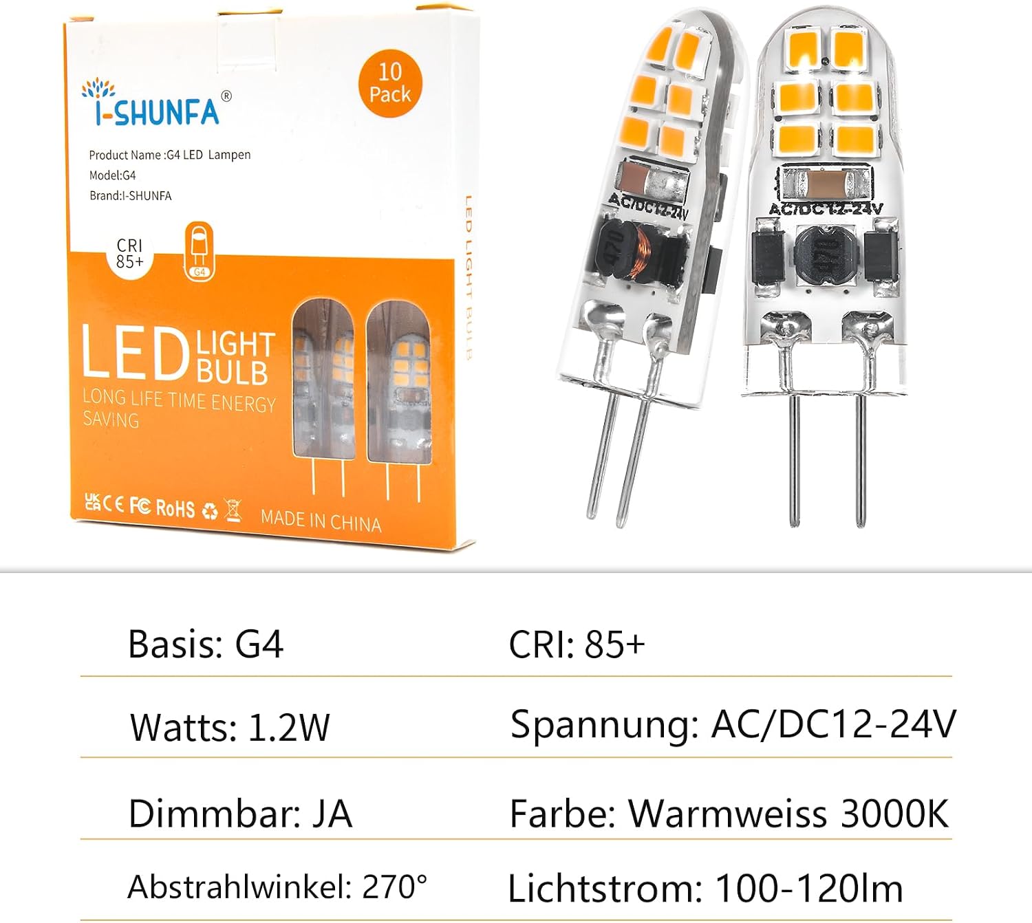 Thumbnail 4 de I-SHUNFA G4 12LED-12-24V LED-lampor, dimbara, 3000 K, 10-pack