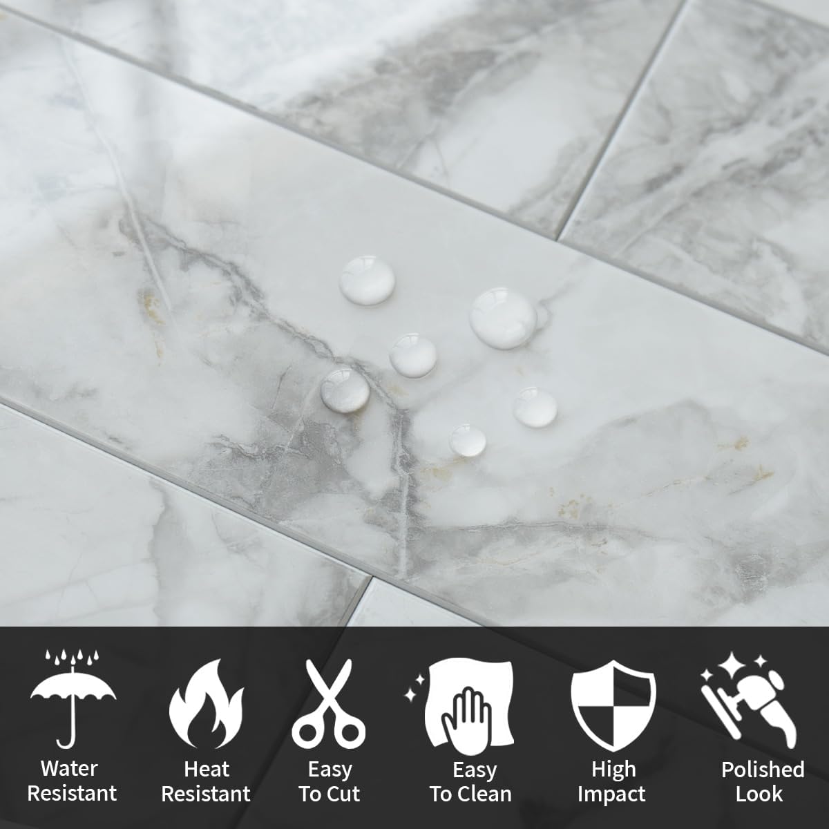 Detalle de AULIGET 40-Piece Peel-and-Stick PVC Backsplash Tiles, Polished White Marble, 3" x 12