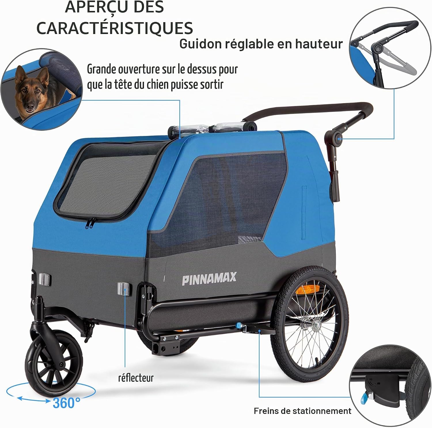 Detalle de Remorque PINNAMAX pour chien – 2 en 1 vélo et poussette, capacité 45 kg, attelage universel