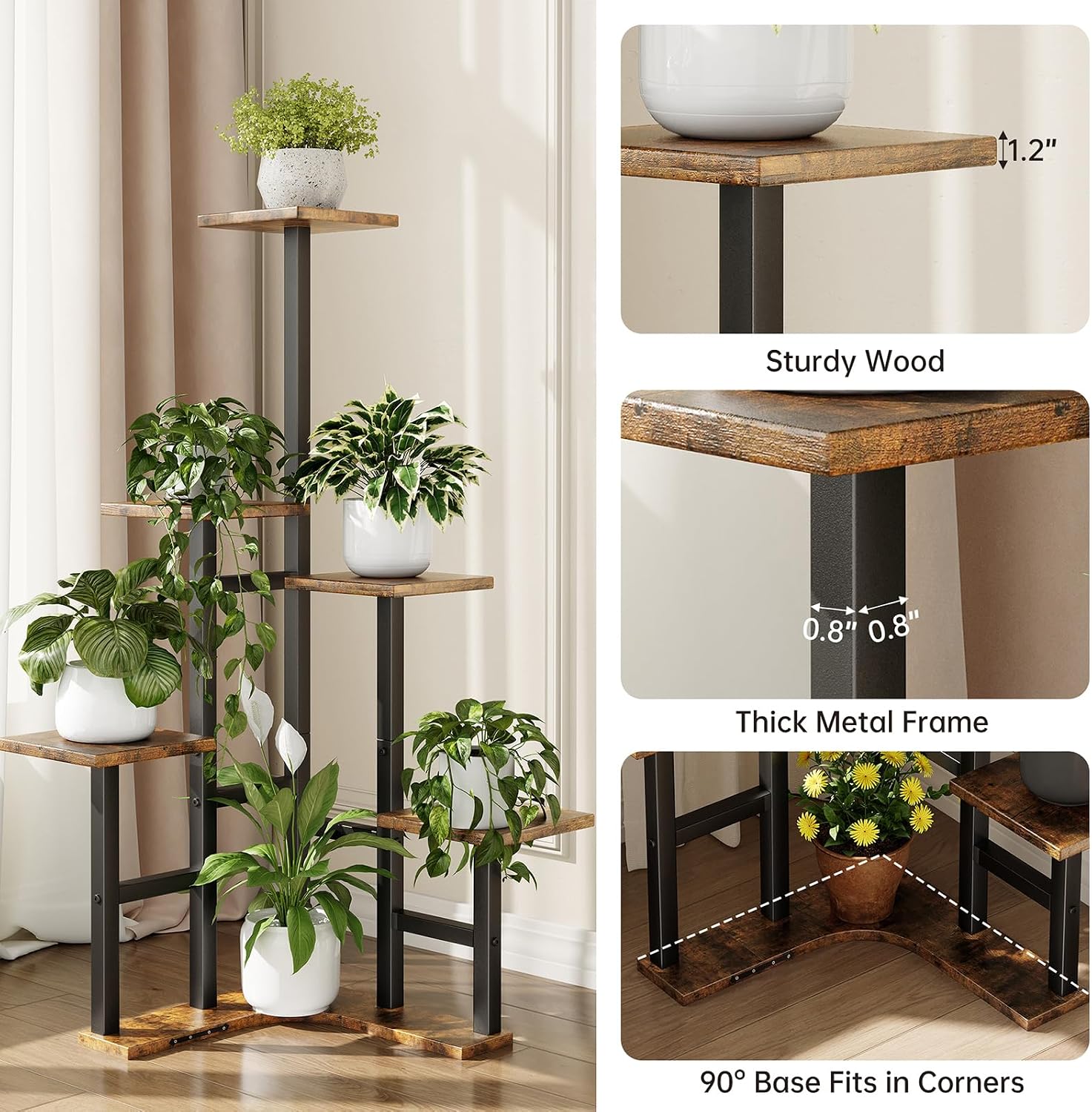 Detalle 2 de Yzosvki PLS0004BR 6-Tier Corner Plant Stand with Rustic Brown Shelves