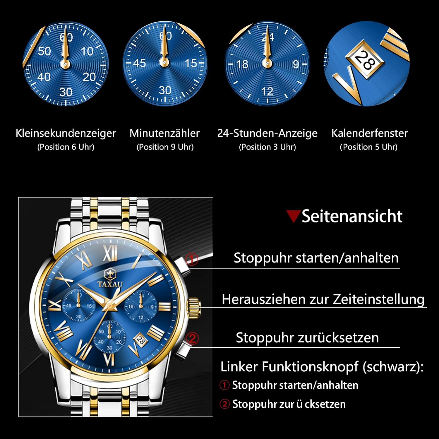 Thumbnail 2 de Taxau Multifunktionsuhr für Männer aus Edelstahl mit Chronograph, römischem Zifferblatt und Datum