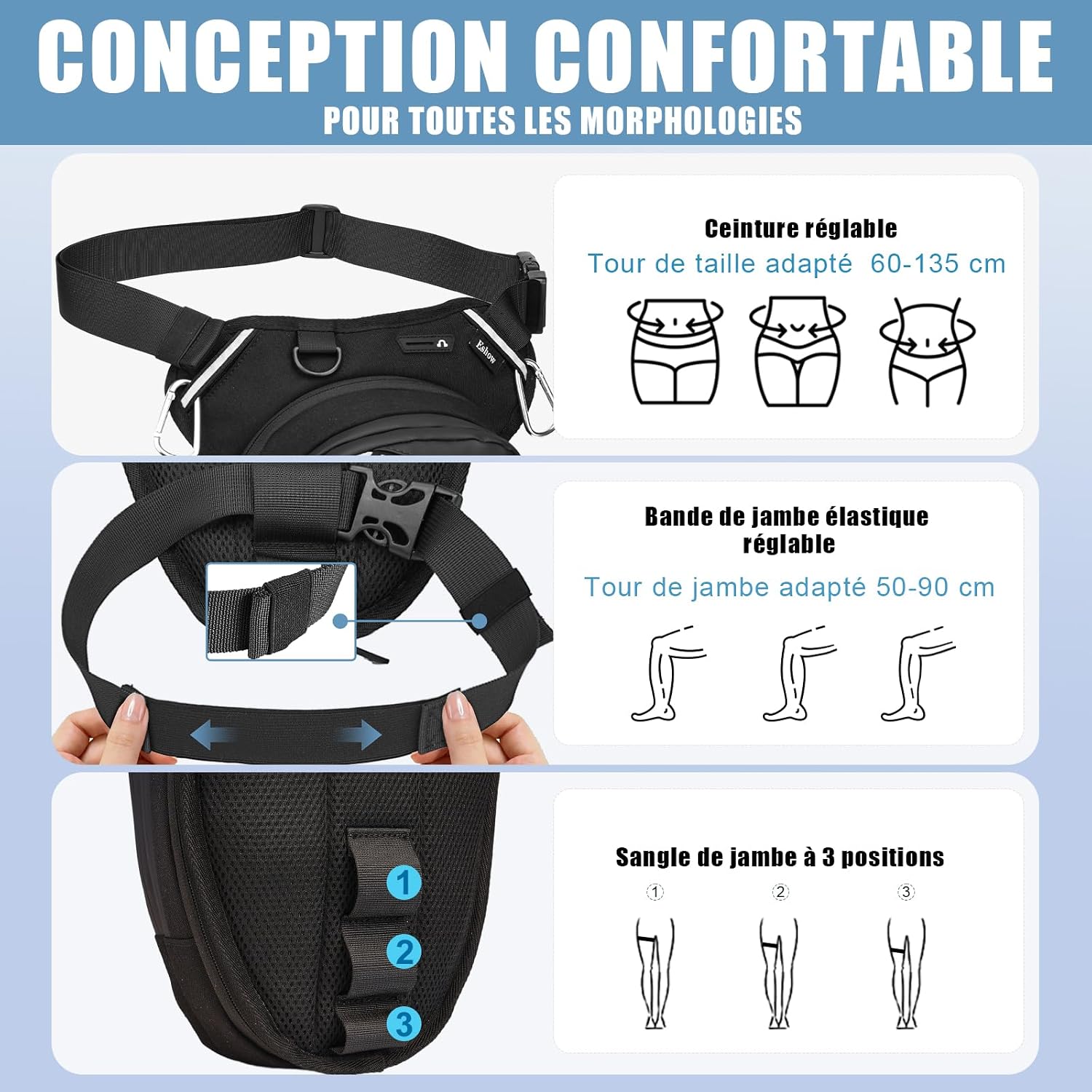 Thumbnail 6 de Eshow Sacoche de Jambe Moto Extensible – Bretture polyvalente et réfléchissante, avec 1 clip gourde et 2 mousquetons