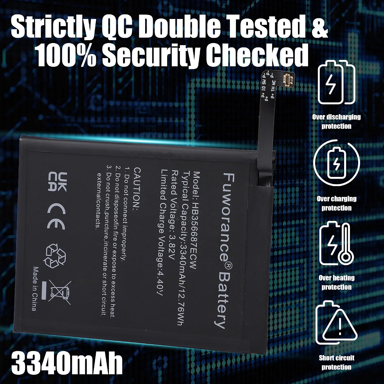 Detalle de Fuworance HB356687ECW Replacement Battery for Huawei/Honor/Nova Series (3340mAh, 3.82V, 12.76Wh)