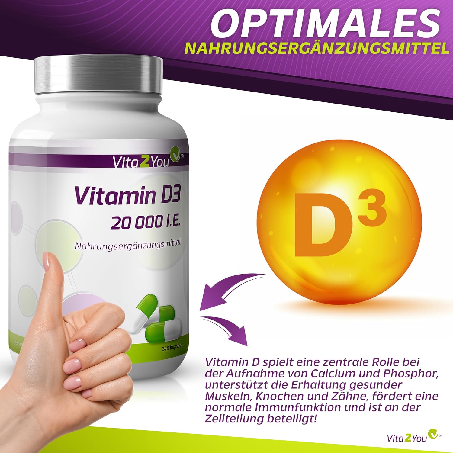 Thumbnail 2 de Vita2You Vitamin D3 20.000 IE – 240 Kapseln (20 Tagesdosen, 1.000 I.E. pro Tag)