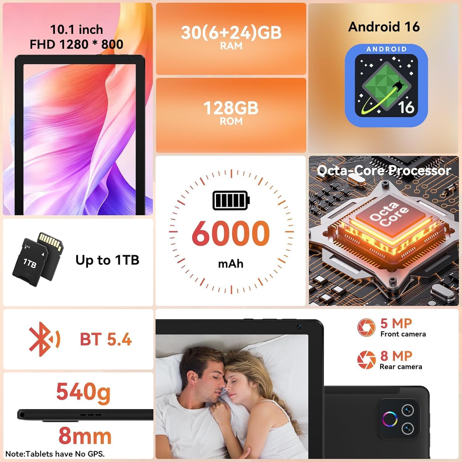 Thumbnail 1 de URAO 10.1-Inch Android Tablet (Android 16) with Octa-Core, 128GB Storage, Wi‑Fi 6 & Bluetooth 5.4
