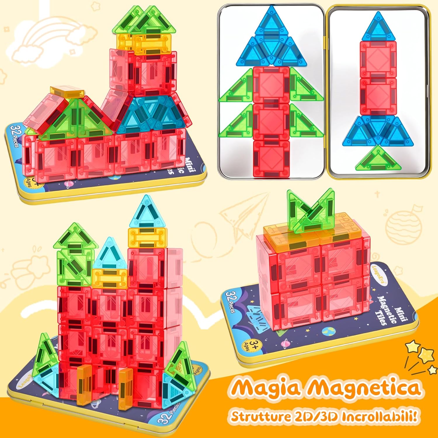 Detalle de LeagoEra Mini Giochi di Costruzione Magnetici 32 Pezzi — Compagni di Viaggio Creativi per 3–8 Anni