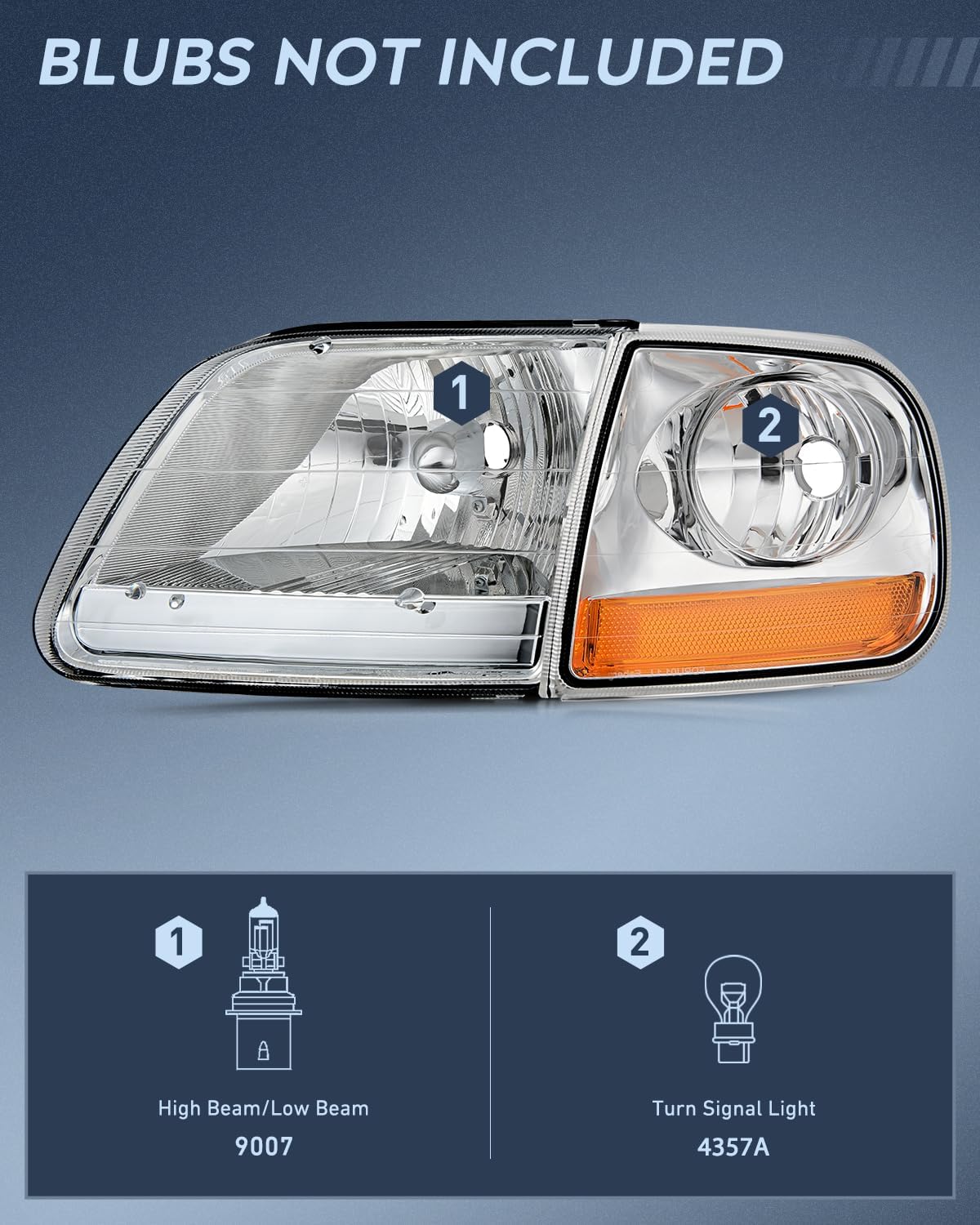 Detalle 2 de Nilight Headlight Assembly for 1997–2003 Ford F-150 (Chrome Housing, Amber Reflector)