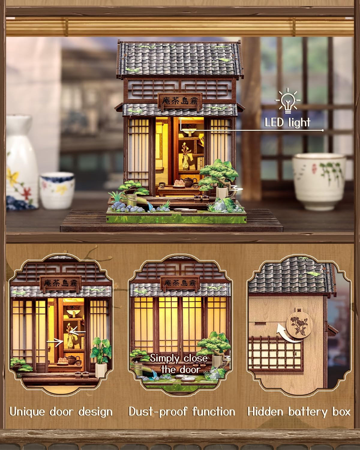 Detalle de Book Nook Kit – Kit de Miniature de Salon de Thé Japonais à assembler, avec lumières LED et socle pour livres