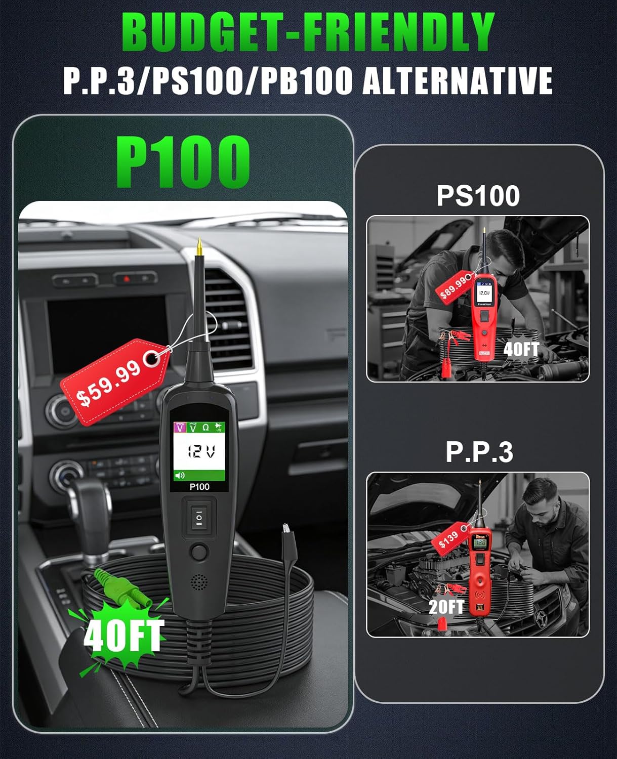 Thumbnail 1 de Topdiag P100 Circuit Tester Automotive with 40FT Cable, Power Circuit Probe Tester (12V/24V)