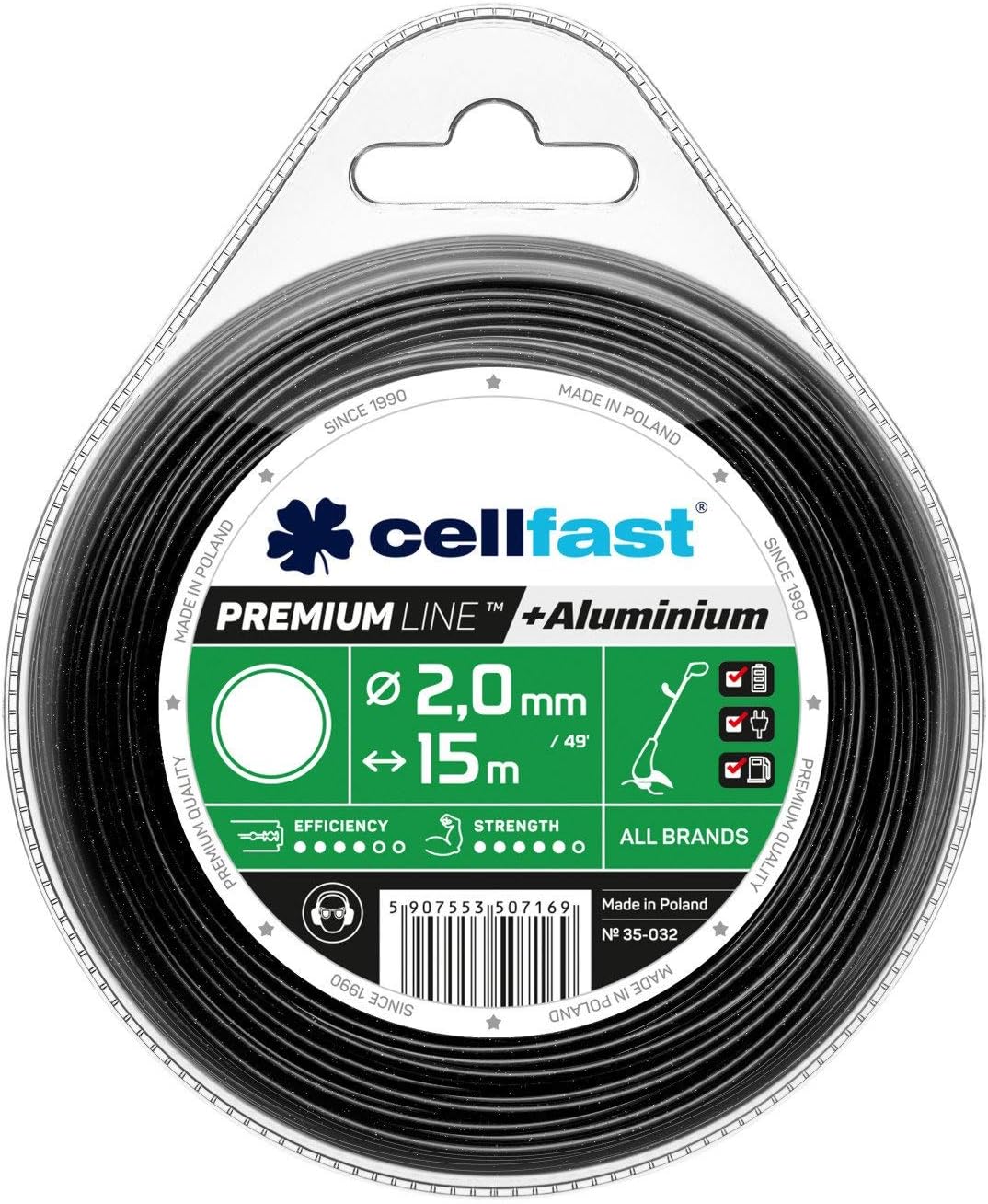 Cellfast filo da taglio rinforzato 2,0 mm per decespugliatore e tagliaerba, 15 m