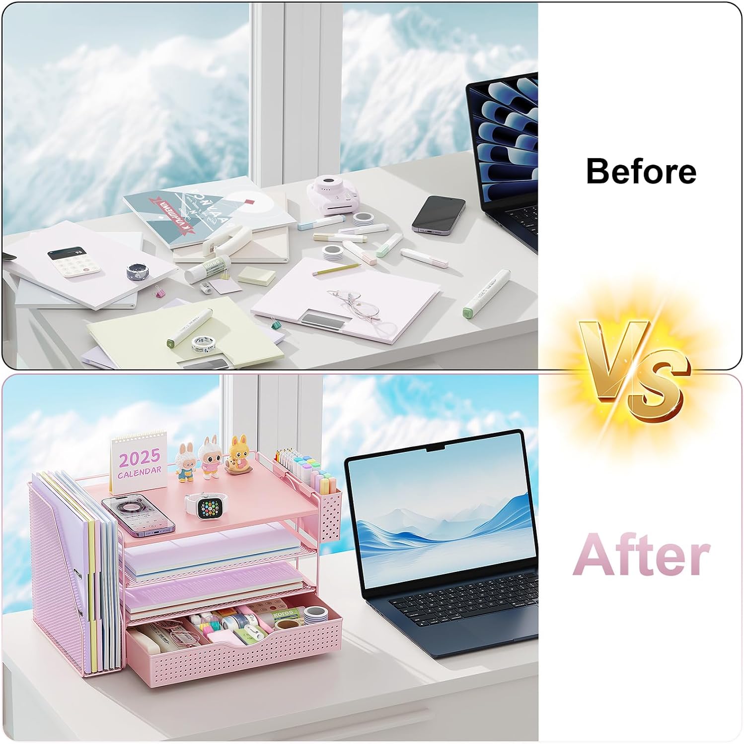 Thumbnail 1 de Pink 4-Tier Wood Desk Organizer with Drawer, File Rack, and Pen Holder