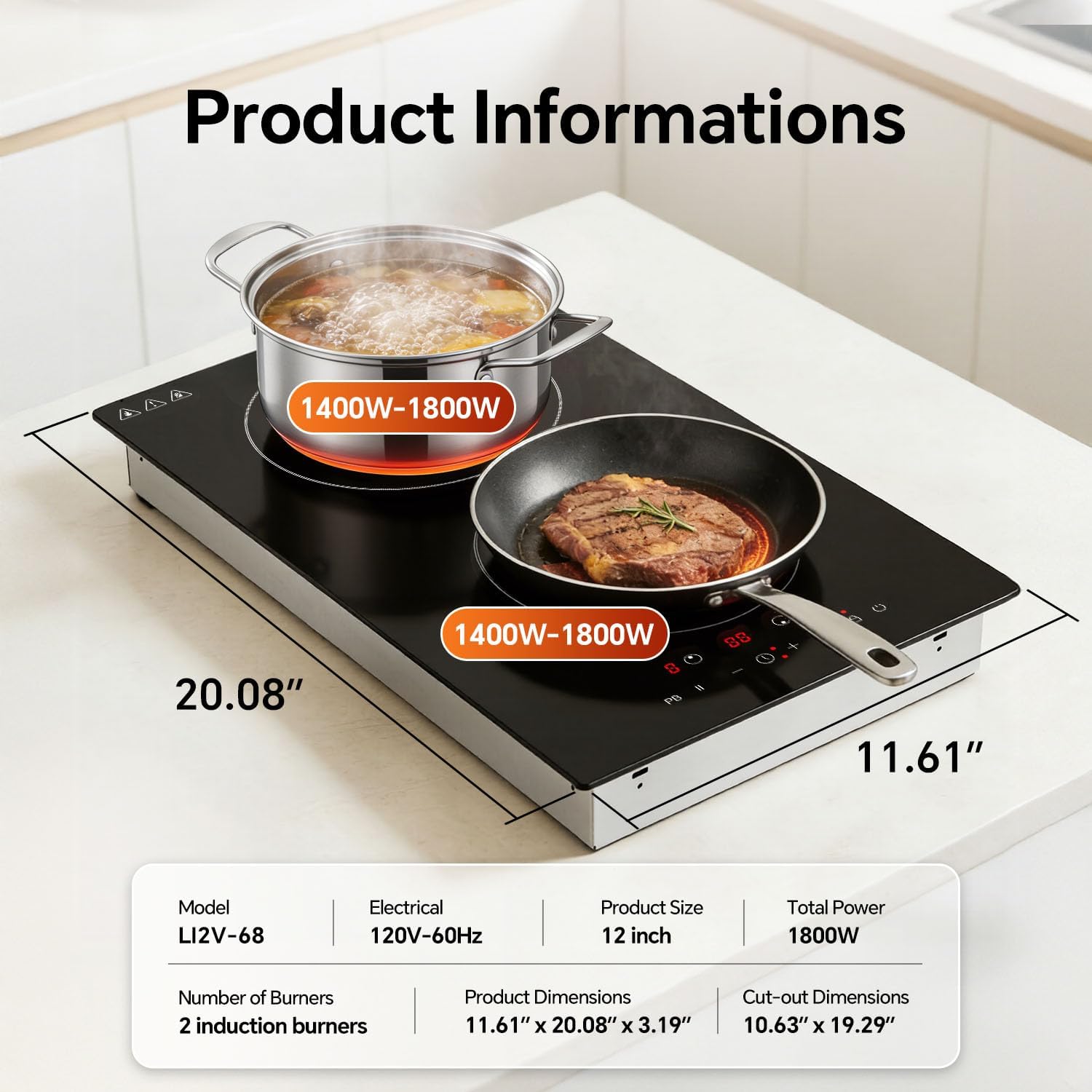 Detalle de VancEpic 12-Inch 2-Burner Induction Cooktop, 1800W, 9 Power Levels