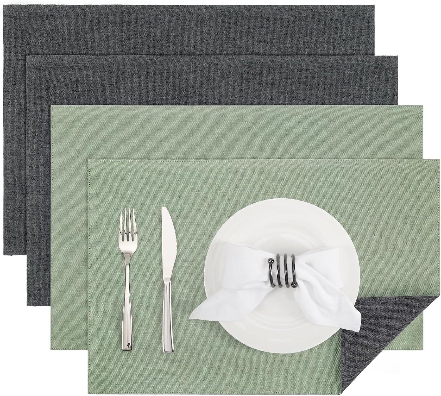 Banchif Platzsets Leinenimitat 4er-Set, 30x45 cm, Grau-Salbeigrün – Waschbar und doppelseitig nutzbar