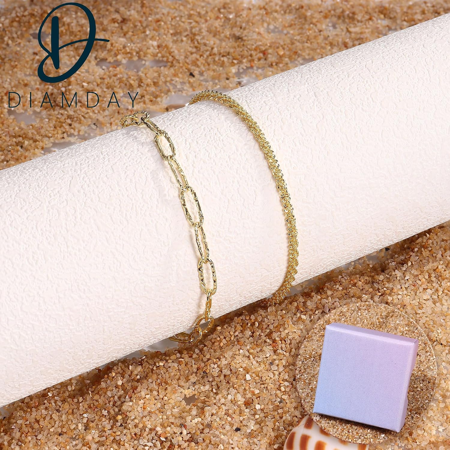 Thumbnail 6 de Diamday 2Pcs Bracelet de Cheville pour Femme en Argent Sterling 925 et Or Réglable – Élégance Minimaliste
