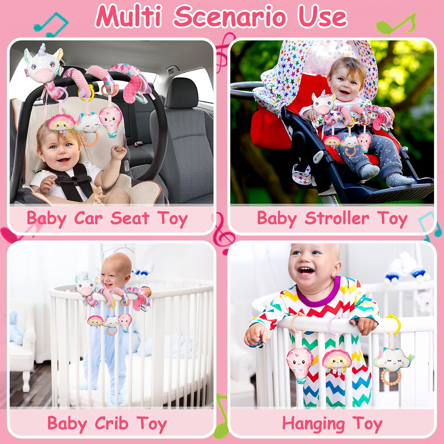 Detalle de Kulveanju Baby Spiral Pram Toy 0-6 Months – Musical Plush Spiral Activity Hanging Toy (Pink)