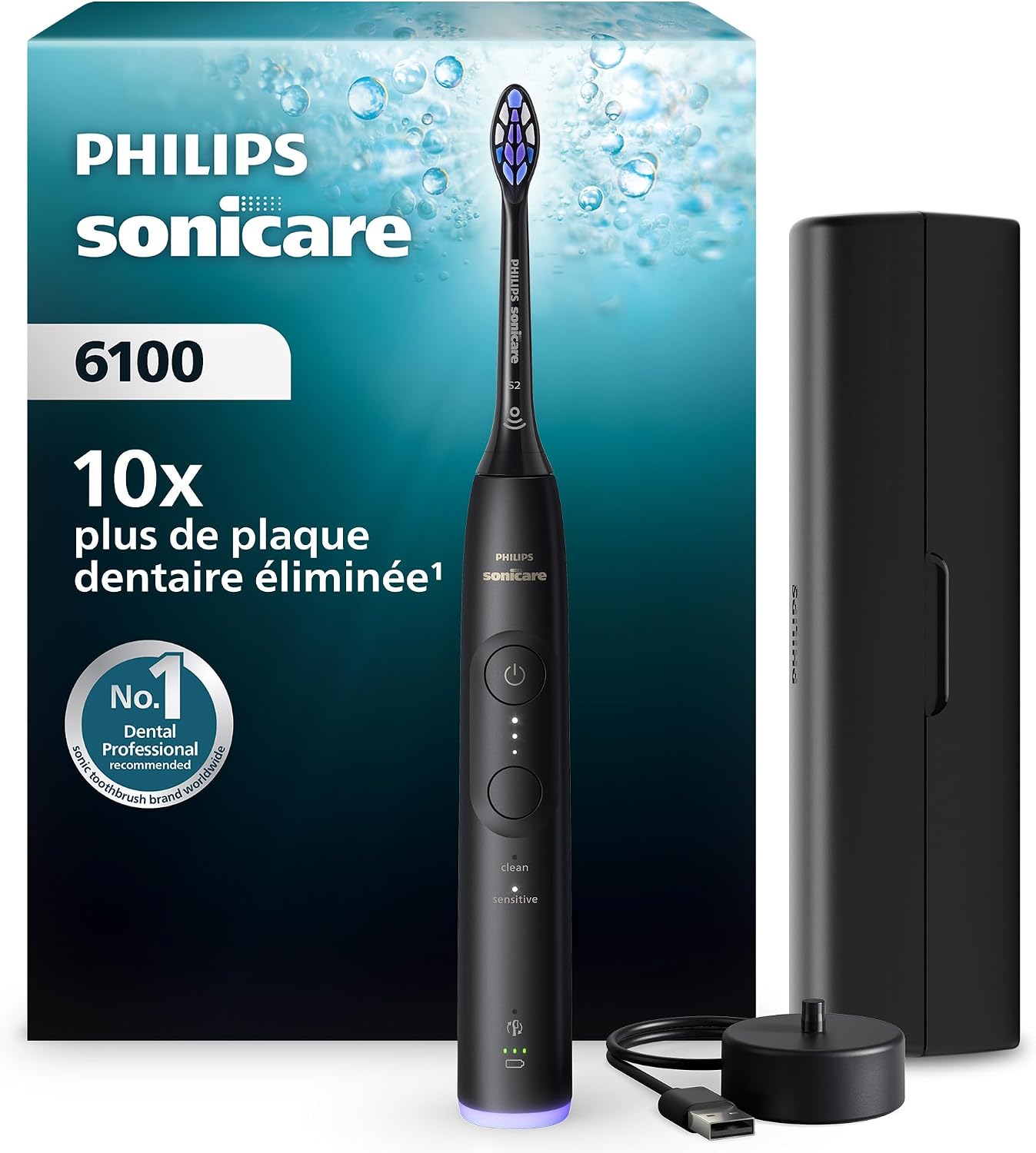 Philips Sonicare série 6100 HX7401/12 — brosse à dents électrique noire, 6 réglages et autonomie 21 jours