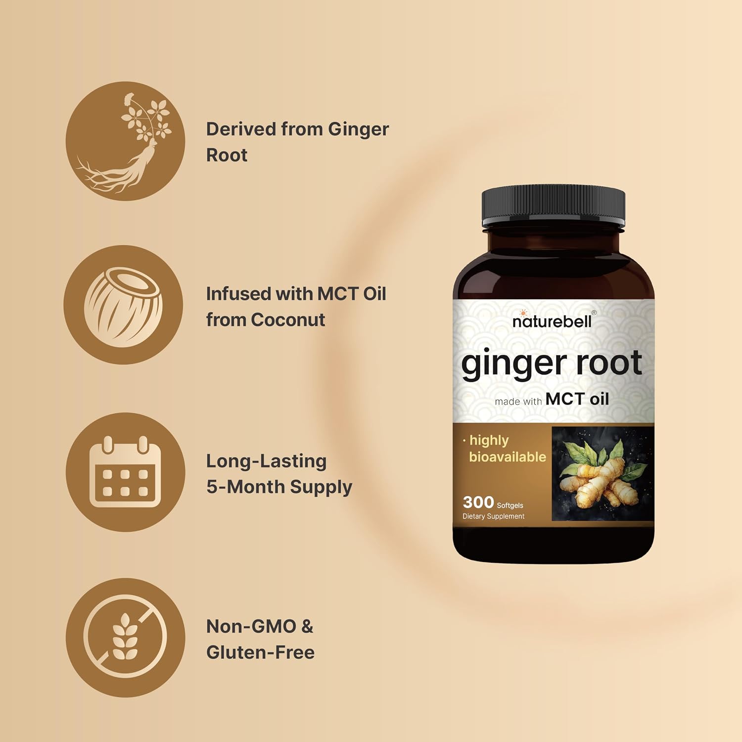 Detalle de NatureBell Ginger Supplement, 300 Softgels