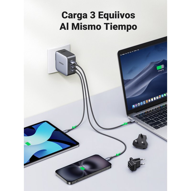 Detalle de Ugreen Nexode 65W GaN: Cargador 2 USB‑C + 1 USB‑A con 3 enchufes internacionales