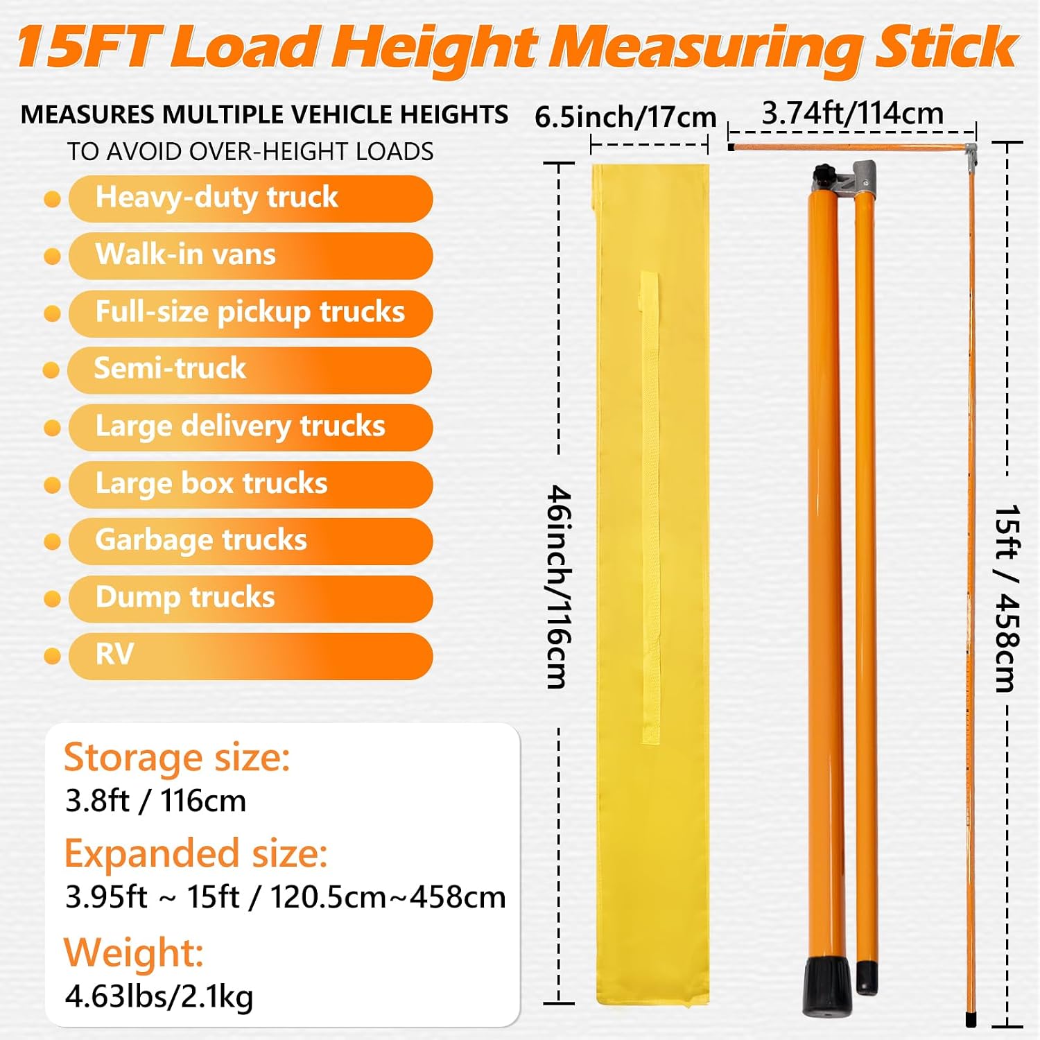 Detalle 2 de TGrasol 15FT Truck Height Stick, Dual-Scale Retractable Measuring Pole
