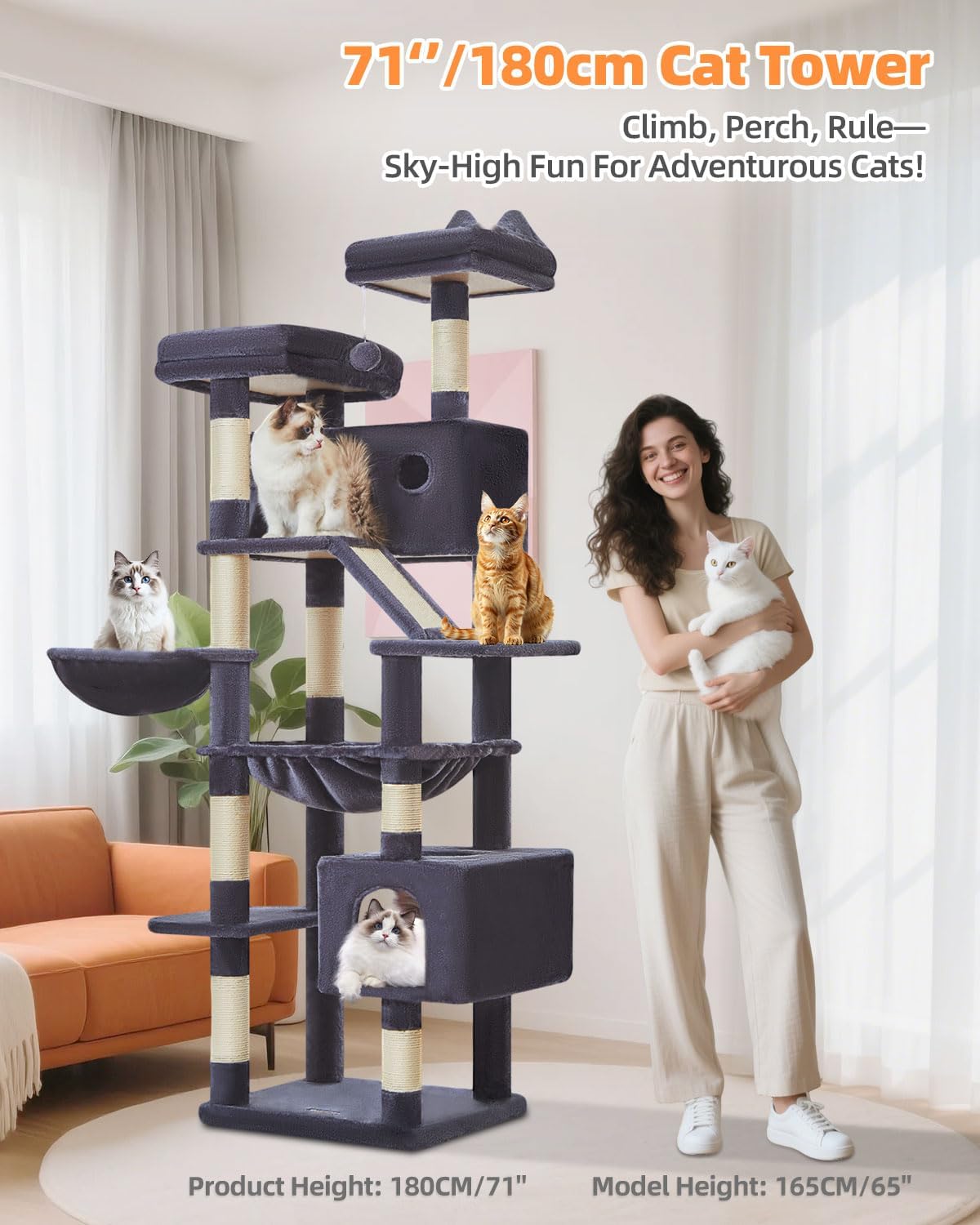 Thumbnail 6 de Taoqimiao 180cm Cat Tree (MS026LG) with 8 Sisal Scratching Posts, Hammock & 2 Top Perches