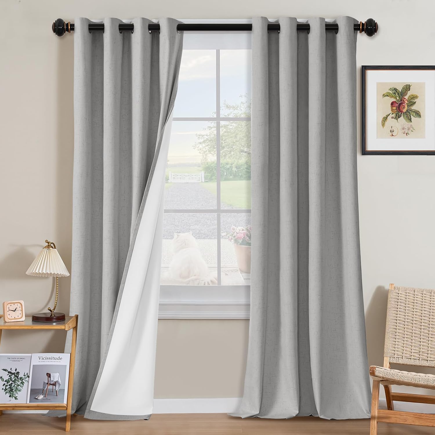 Detalle de H.VERSAILTEX Blackout Linen-Look Curtains, 96-Inch, Glacier Gray, 2 Panels