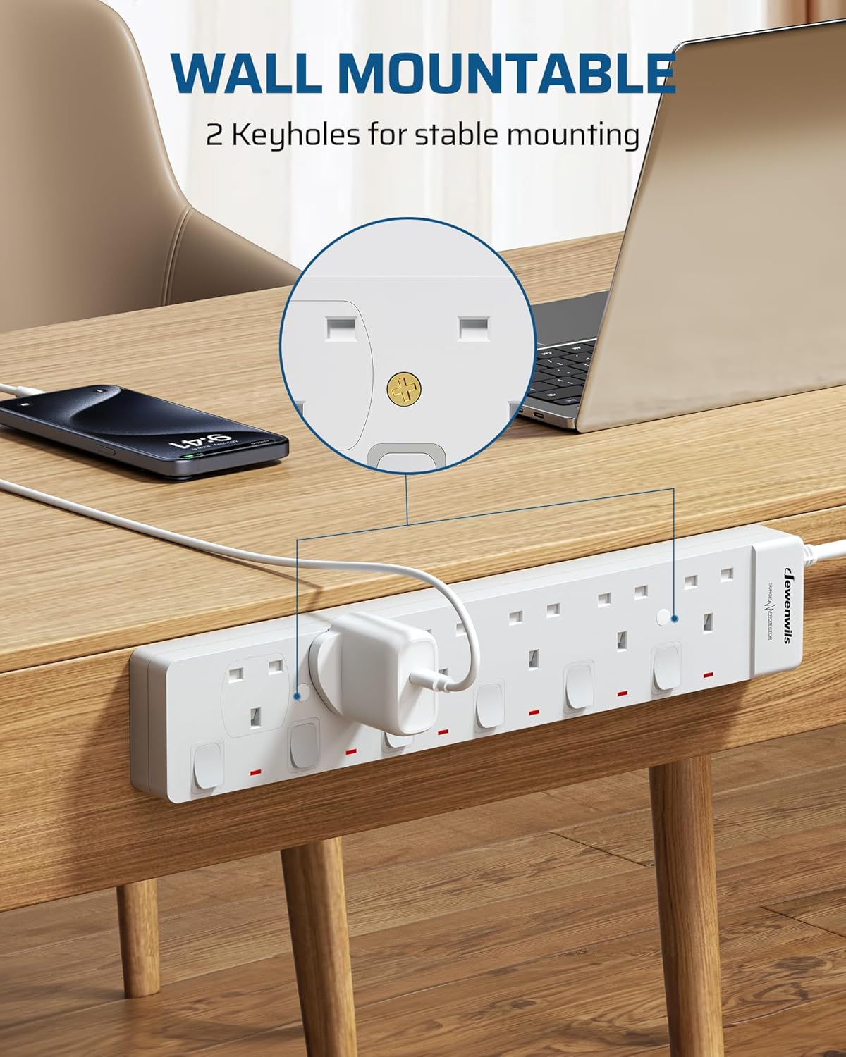 Thumbnail 5 de DEWENWILS 6 Way Surge Protected Extension Lead with 3m Cord and Wall Mount