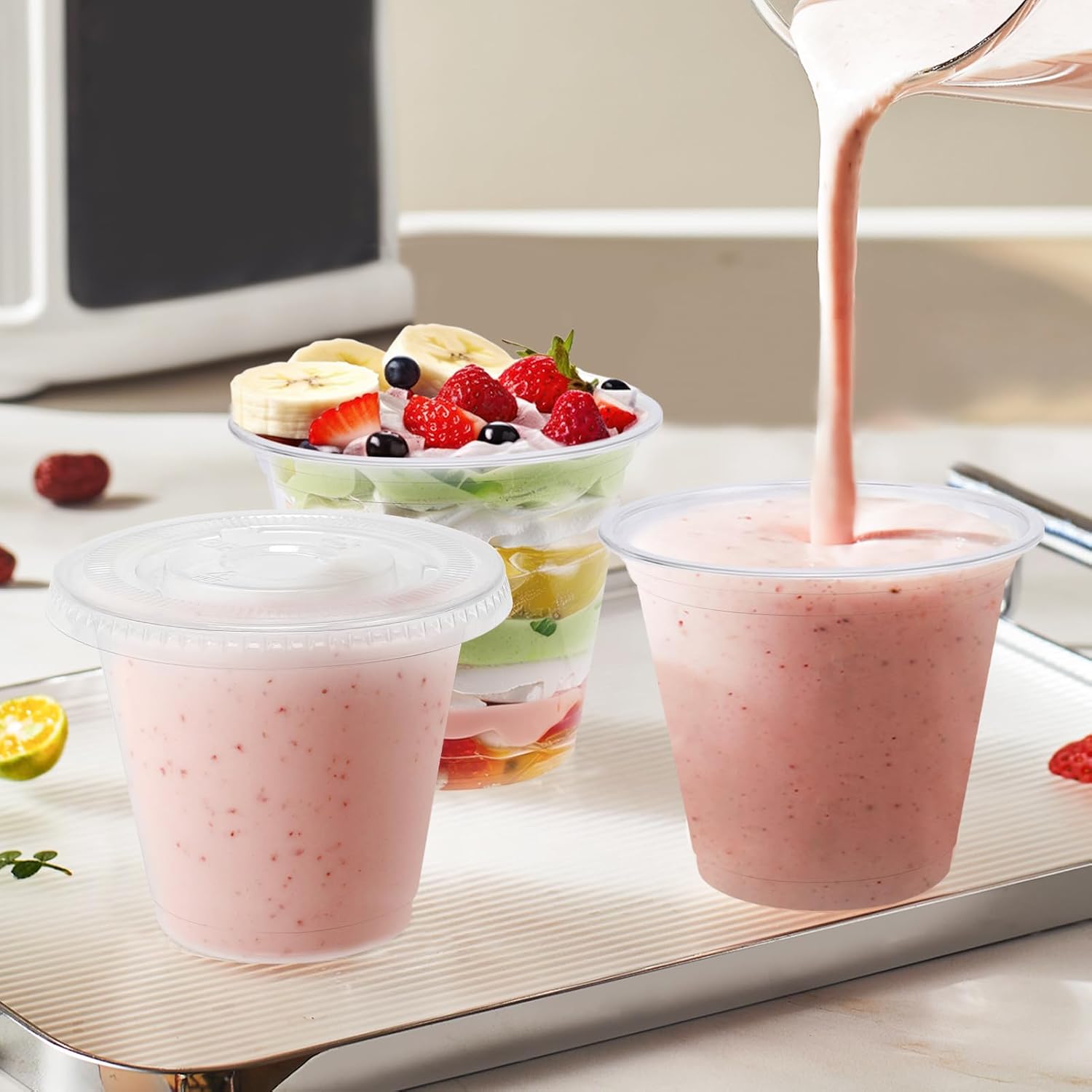 Thumbnail 5 de BYSNOW 9 oz Clear Plastic Cups with Flat Lids (100 Pack) — Leak-Proof, Stackable Dessert Cups