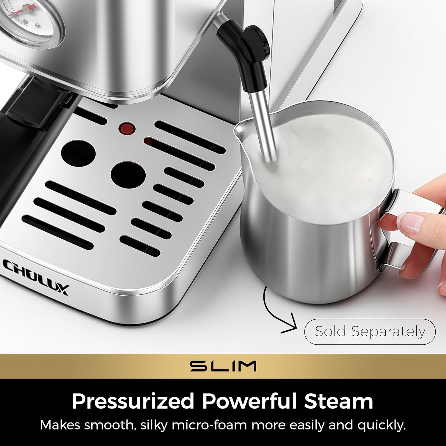 Detalle de CHULUX Slim Espresso Machine with Milk Frother (20 Bar) — Stainless Steel, Compact Home Cappuccino & Latte Maker