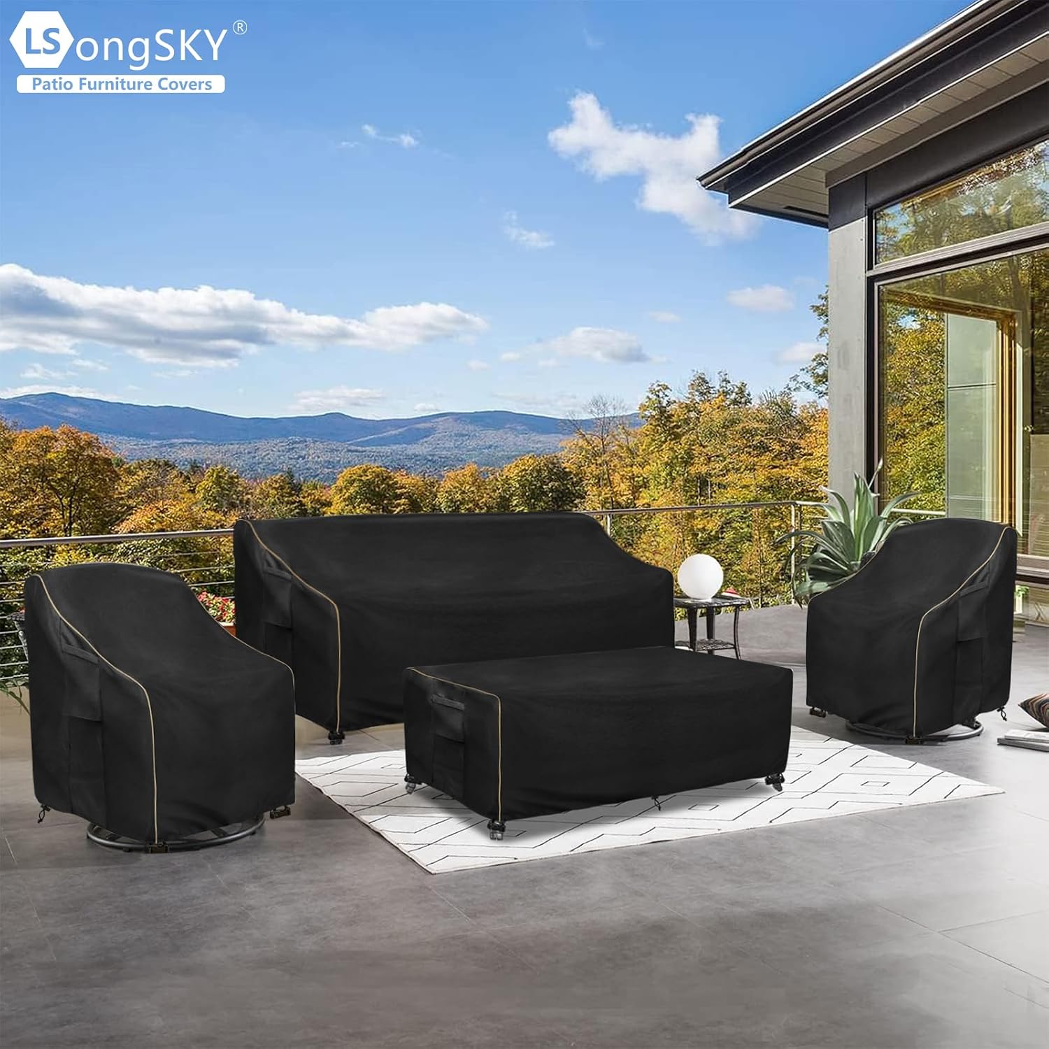 Thumbnail 6 de LSongSKY Black-4 Piece Set X-Large Patio Furniture Covers, 600D Oxford