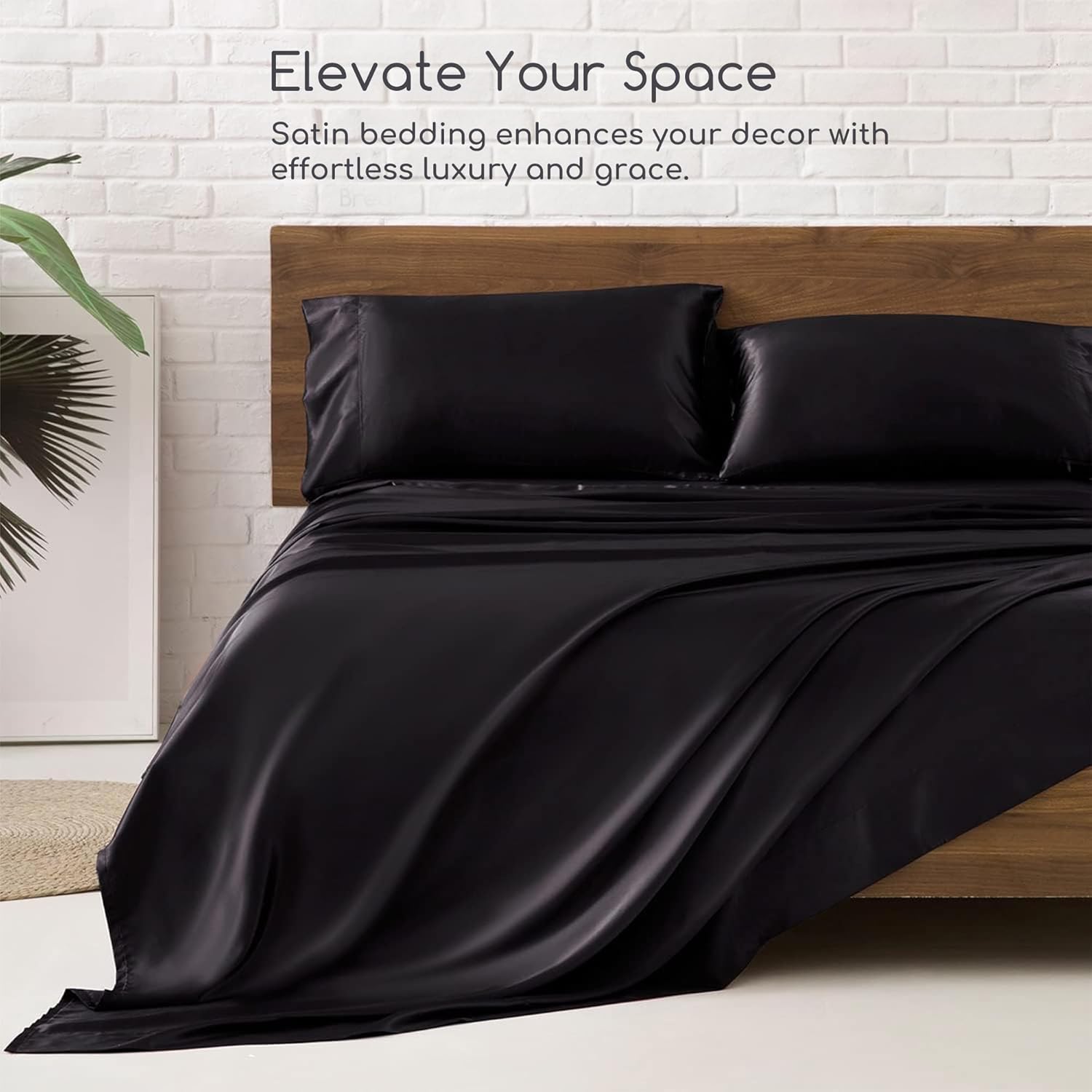 Thumbnail 4 de MR&HM Satin Bed Sheets Queen Size Set (4-Piece) with 15-Inch Deep Pocket, Black