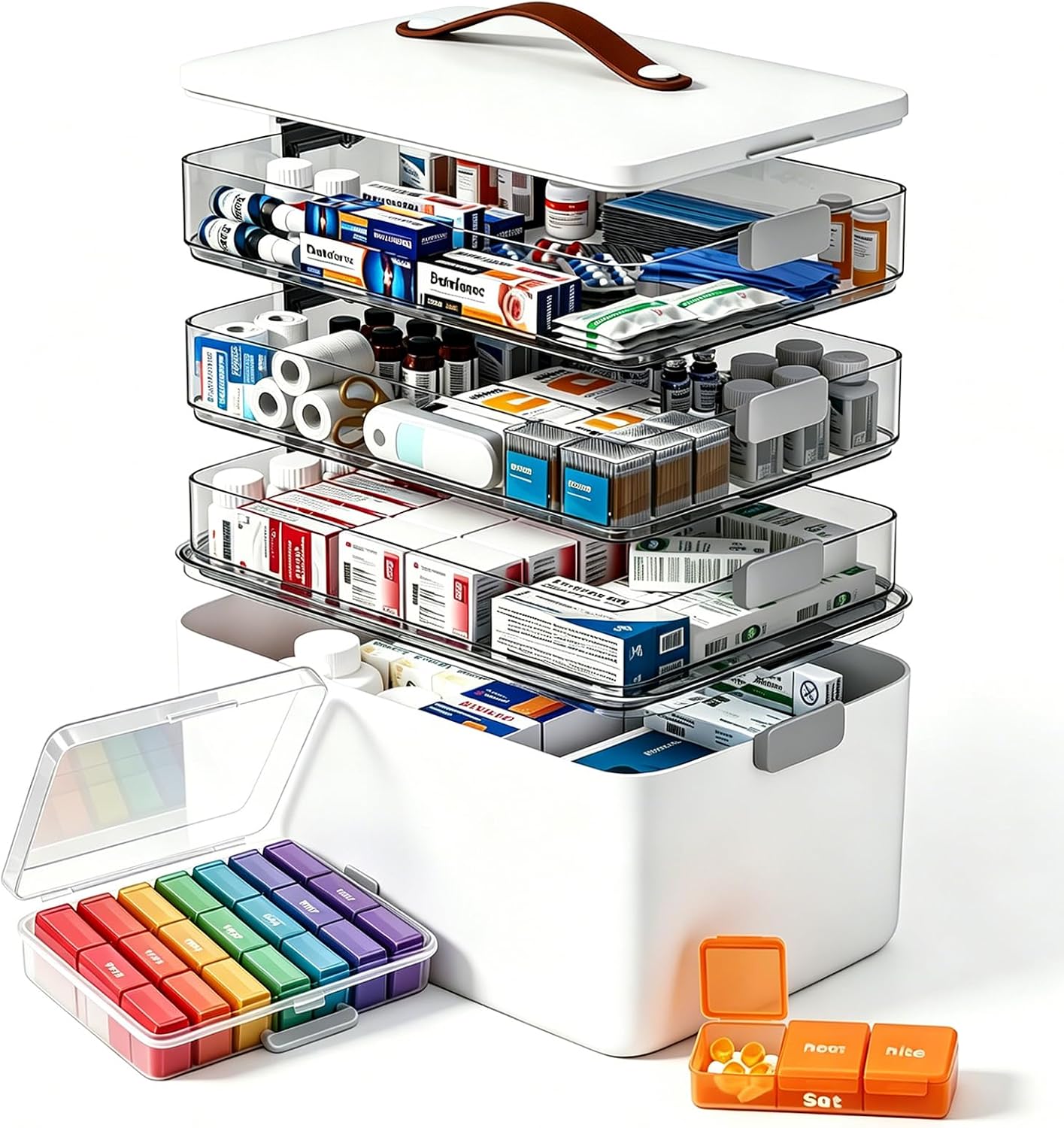 Detalle de funest YX-N014C-YH 4-Tier Medicine Organizer with Removable Trays and 7-Day Pill Case