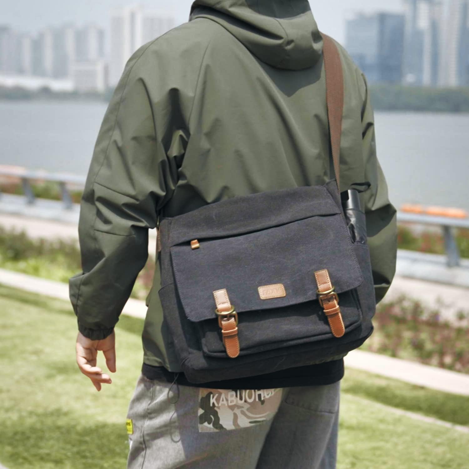 Detalle de S-ZONE Homme sac à bandoulière 15,6 pouces en toile vintage avec compartiment ordinateur