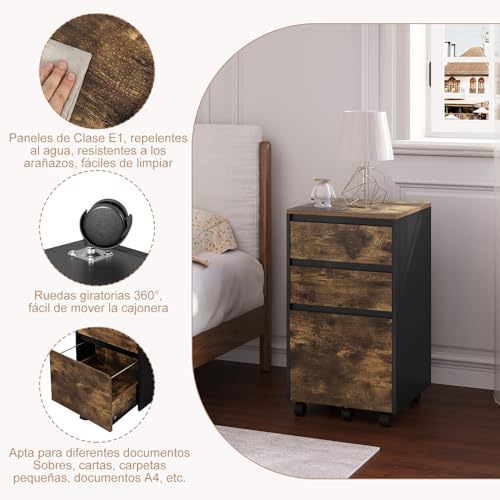 Thumbnail 5 de WOLTU Archivador Móvil 3 Cajones con Ruedas, Roble y Negro 🗄️