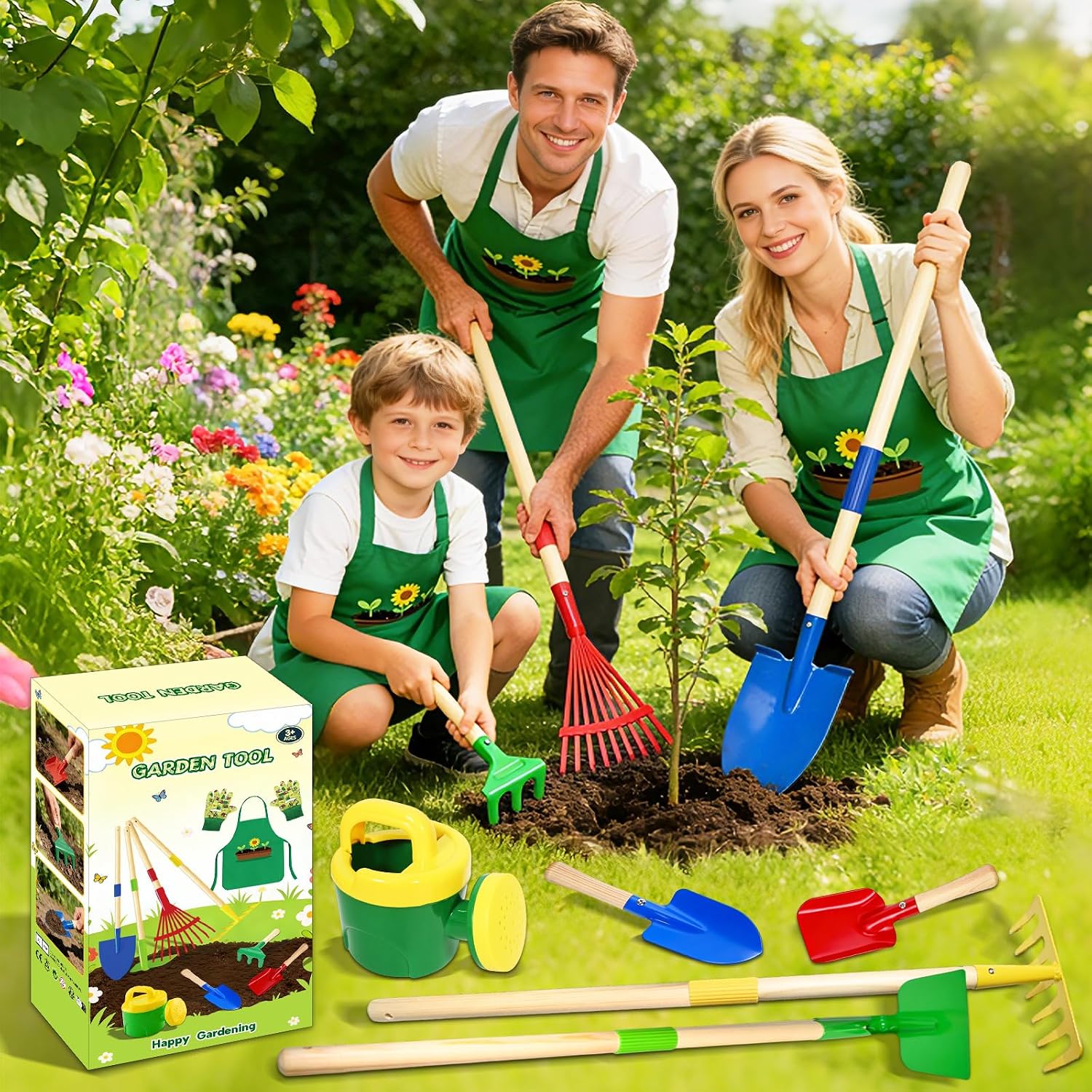 Thumbnail 1 de Kinder Gartenwerkzeug-Set (10-teilig) aus Metall mit Schaufel, Rechen, Gabel, Handschuhen, Schürze & Gießkanne