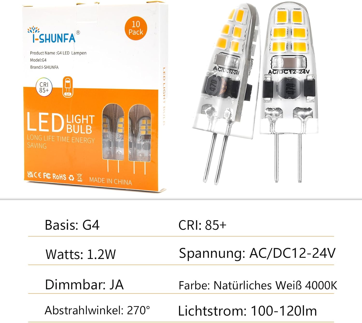 Detalle 2 de I-SHUNFA G4 LED Lampen 1.2W Dimmbar Naturweiß 4000K – 10er Pack