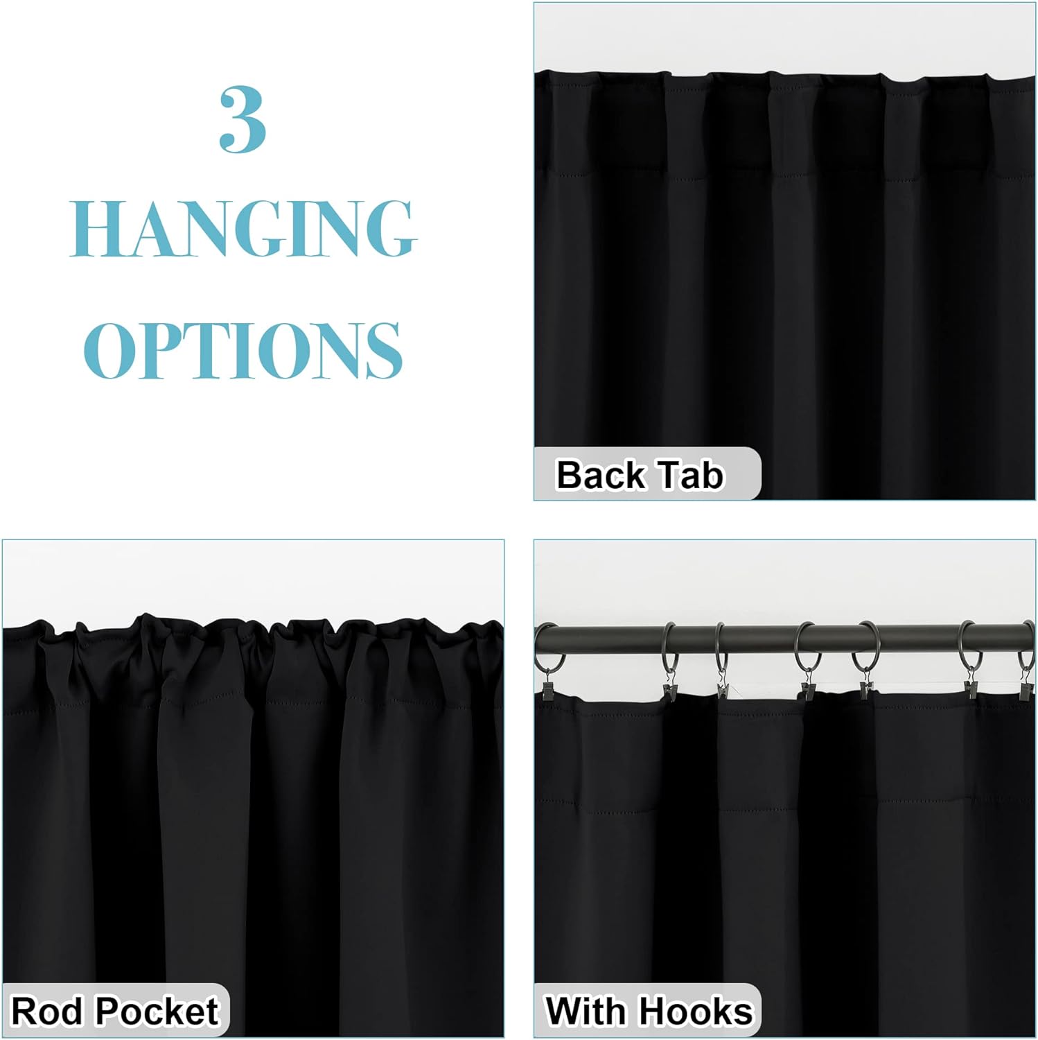 Detalle de RYB HOME Short Bedroom Blackout Curtains (2 Panels) — 42-inch Wide x 45-inch Long, Black