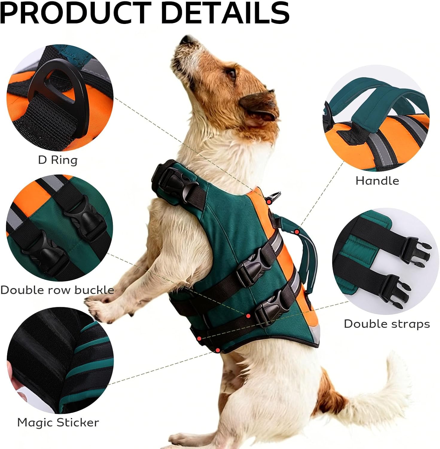 Detalle 2 de CITÉTOILE Dog Life Jacket with Handle & Safety Leash — Buoyancy Aid Vest for Boating, Pool & Lakes