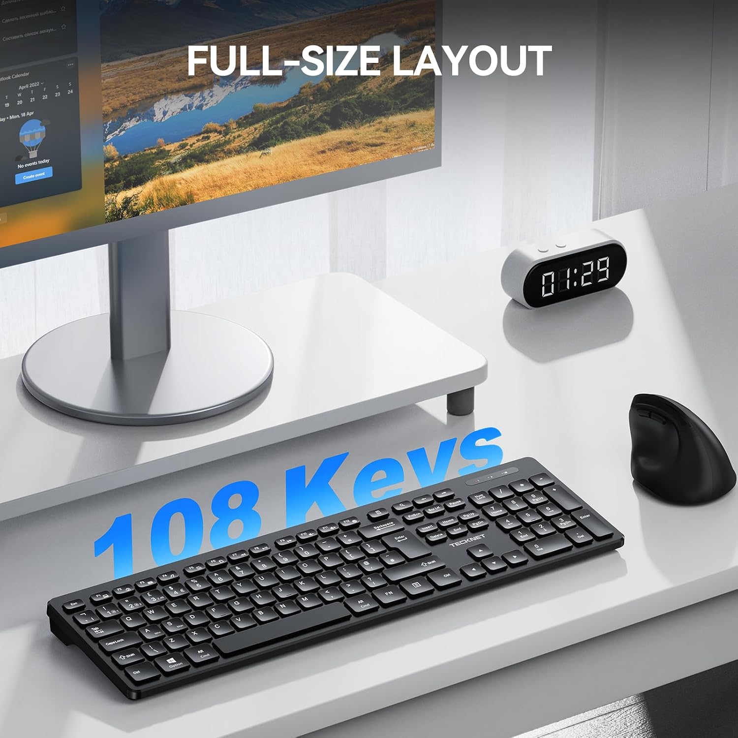 Detalle 2 de TECKNET Wireless Keyboard (2.4G USB + Bluetooth) UK Layout, Full Size Ergonomic Keyboard with 105 Days Standby, Black