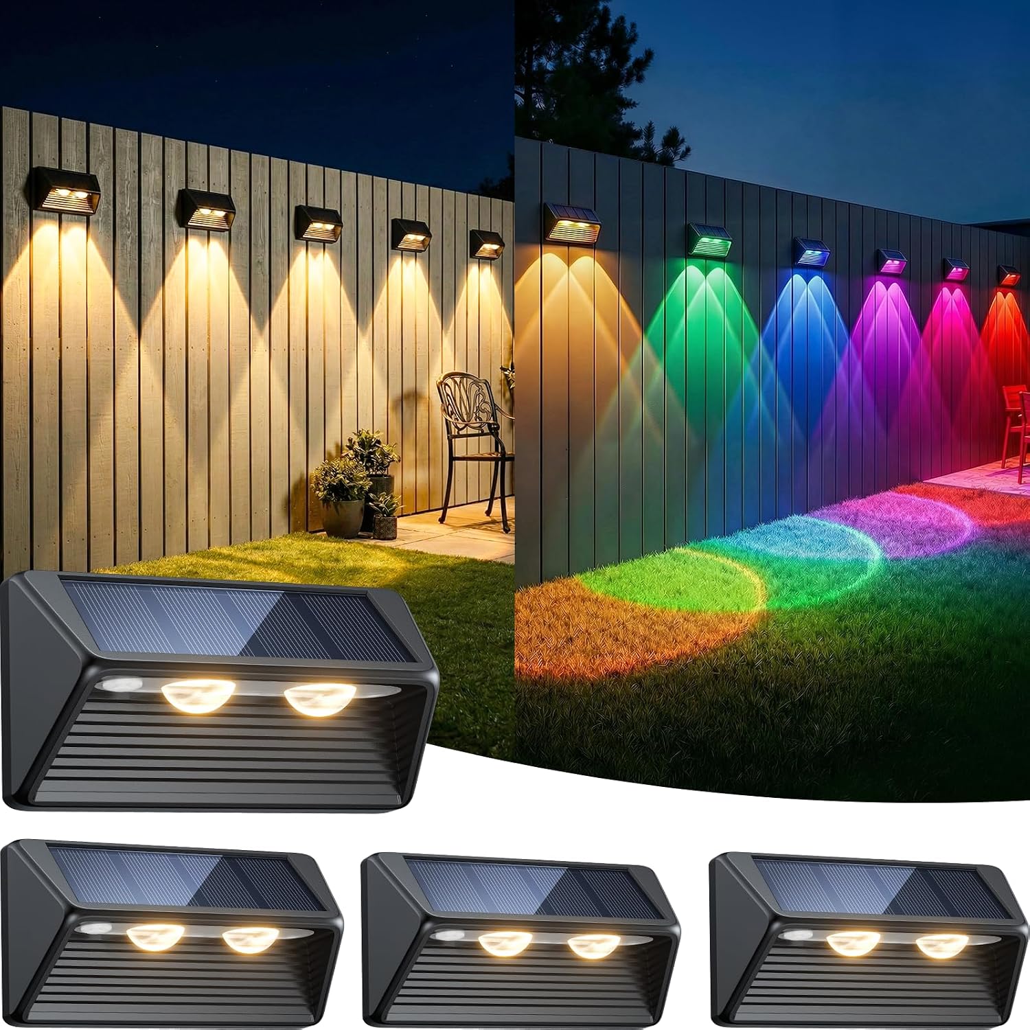 Detalle de BUCASA Solar Fence Lights Outdoor Garden 4 Pack: 3000K Warm + RGB Colour, 8 Modes, IP65, Solar Powered