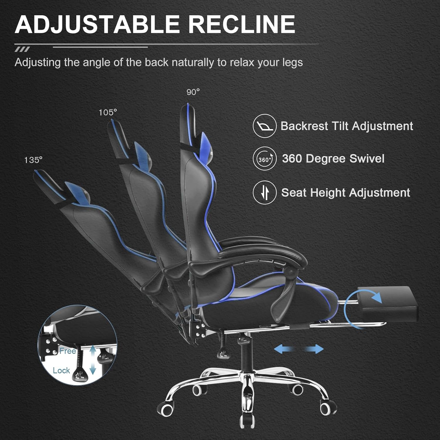 Thumbnail 3 de GTPLAYER Sedia da Gaming Ergonomica con massaggiatore sul poggiapiedi e supporto lombare, schienale reclinabile 90–135°, portata 150 kg (Blu)