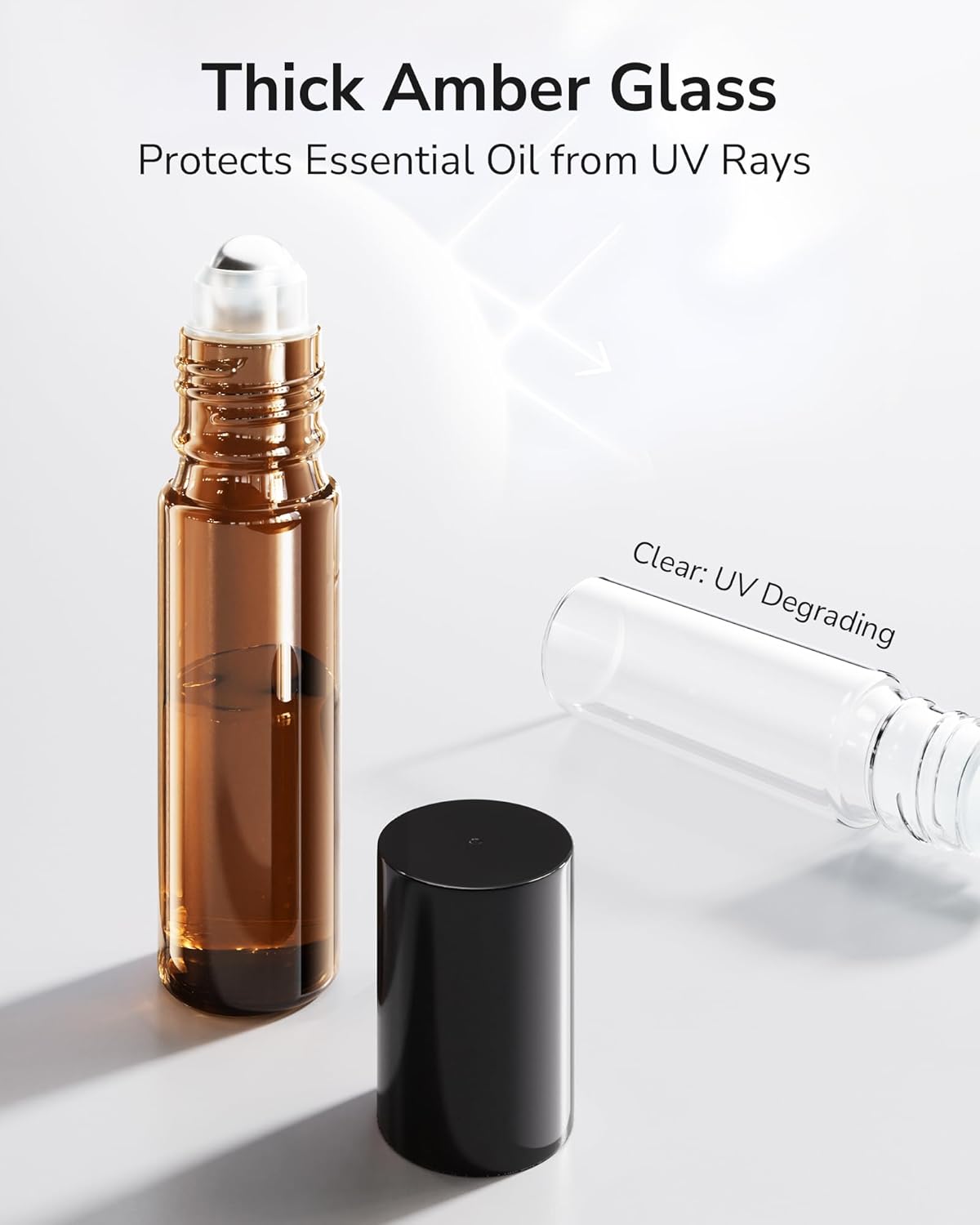 Detalle 2 de ULG 8-Pack Essential Oil Roller Bottles (10ml) with Stainless Steel Rollers, Amber Glass