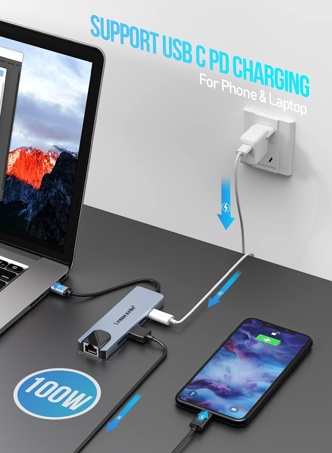 Thumbnail 4 de Lemorele 6‑in‑1 USB‑C Hub 100W PD, 4K HDMI, Ethernet