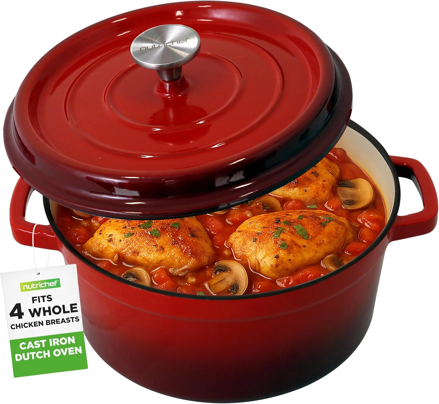 NutriChef Enameled Cast Iron Dutch Oven 4.7L (Round) with Self-Basting Lid – Red